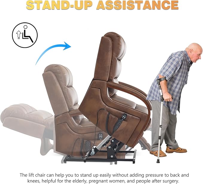 Dual Motor Power Lift Recliner Chair, Lift Chair with Massage and Heat for Elderly, Lay Flat Recliner, Standing Assistance, Infinite Position Reclining, Living Room Chair, Faux Leather, Brown