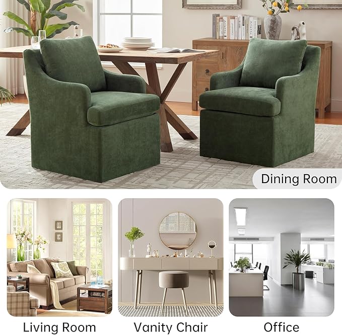 VKNOW Upholstered Dining Chairs Set of 4, Modern Kitchen Chairs Dinner Chairs with 4 Casters, Linen Armchair for Bedroom Reading Room Living Room, Green