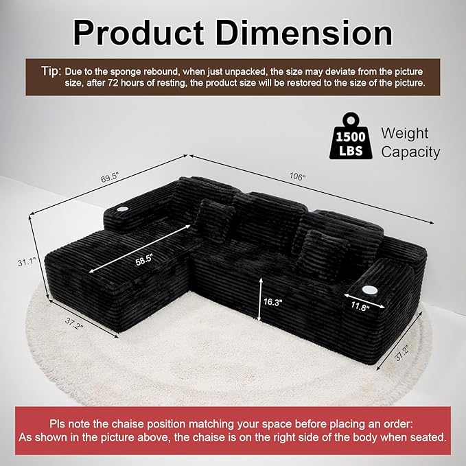 Cloud Sectional Couch with L-Shape Chaise, Modern Modular Sofa with Deep Seat, Built-in Cup Holder & Storage Pocket for Living Room Bedroom, No Assembly Required (Black, Right Sitting Chaise)