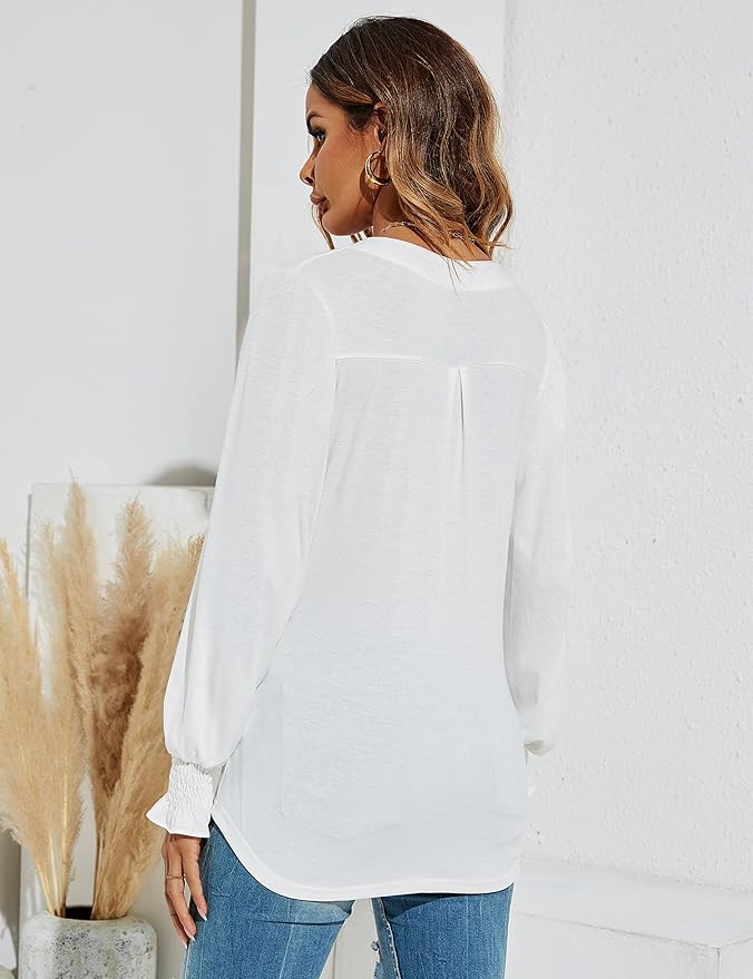Romanstii Women's Casual V-Neck T-Shirts Loose Puff Long Sleeve Tops Tunic Blouses