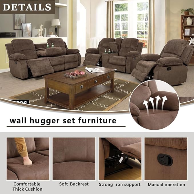 AYCP Corduroy Living Room Furniture Set Reclining Sofa Set Loveseat Furniture Sets in Living Room Sofa Recliners (3 Pieces, Taupe Corduroy)