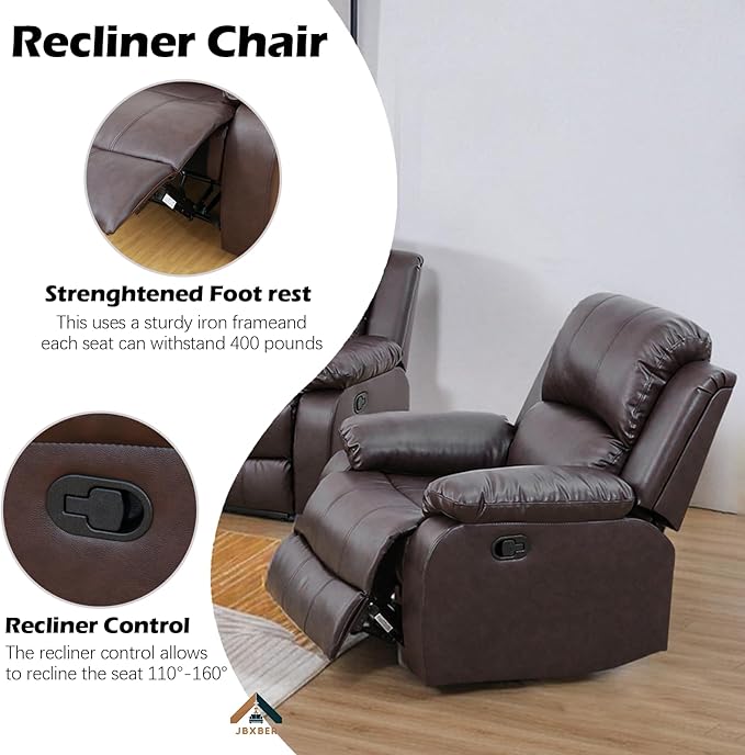 JBXBER Manual Recliner Sofa Set for Living Room, Leather Reclining Sofa Sets, Faux Leather Couch Set with Cup Holders, Drop-Down Table and Storage Console(Sofa and Chair,Brown)