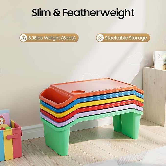 6 Pcs Kids Lap Desk Tray, Plastic Breakfast Lap Desk Trays with Storage Slots, Portable Stackable Lap Tray Tables for Writing Drawing Classroom, 19.69" L x 9.84" W x 7.1" H (Multi-Color Style 2)