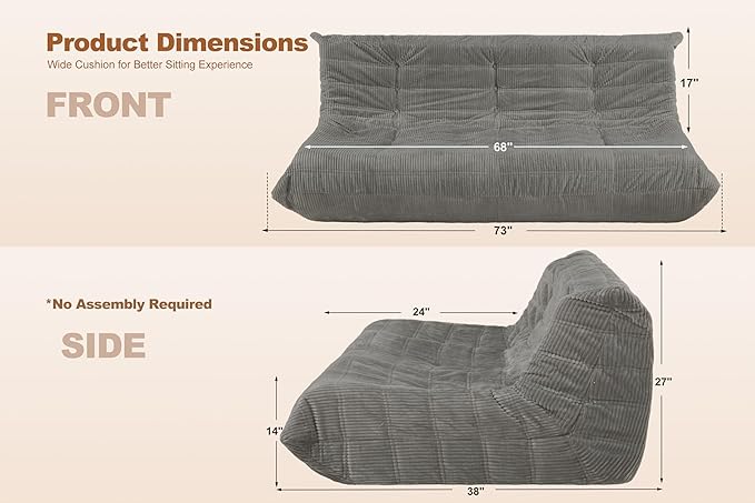 Bean Bag Chair,Giant Beanbag Chairs for Adults,Comfy Large Fireside Chair Lazy Sofa,Corduroy Bean Bag Lounger with Memory Foam Filled,Floor Sofa Couch for Living Room (Light Grey, 3-Seater)
