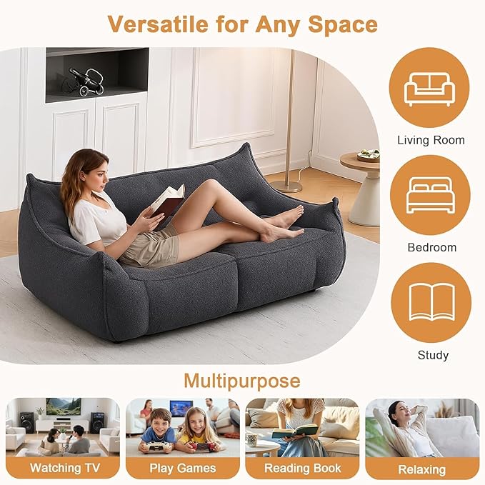Giant Bean Bag Chair for Adults, Grey Loveseat Beanbag with Filling Plush Fluffy and Back Support, 2 Seater Lounge Lazy Floor Sofa, Memory Foam Couch for Living Room, Bedroom & Dorm