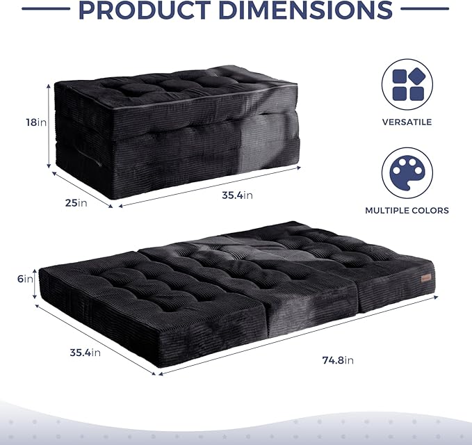 MAXYOYO Tri-Fold Mattress, 6 Inch Tufted Folding Futon Foam Bed, Foldable Floor Mattress Guest Bed Futon Topper Portable Camping Sleeping with Corded Fabric, Black, 35.4"x75"