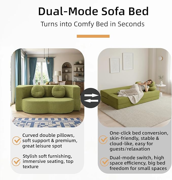 76" Convertible Folding Sofa Bed, 2-in-1 Twin Size Loveseat Sleeper Couch Bed with Two Pillows, Foldable Space-Saving | Design for Dorms Apartments Bedroom& Living Room,No Assemble(Green)