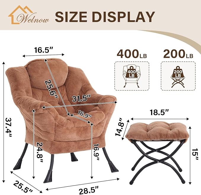 Welnow Lazy Chair with Ottoman, Modern Lounge Accent Chair with Armrests and a Side Pocket, Leisure Sofa Armchair, Reading Armchair with Footrest for Small Space, Plush Brown