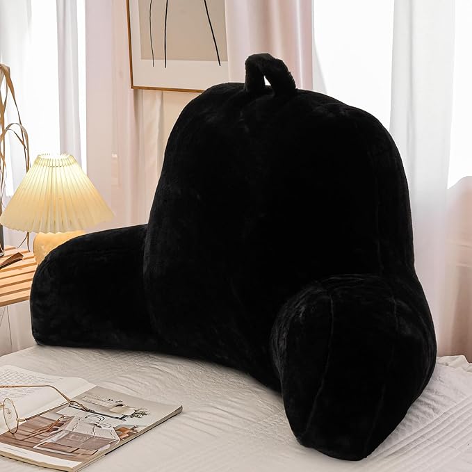 A Nice Night Faux Fur Reading Pillow Bed Wedge Large Adult Children Backrest with Arms Back Support for Sitting Up in Bed/Couch for Bedrest,Black