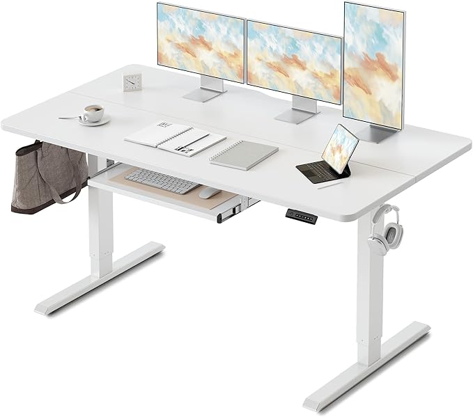 FEZIBO Standing Desk with Keyboard Tray, 60 x 24 Inch Adjustable Height Sit Stand Desk with Memory Presets for Home Office, Ergonomic Computer Workstation, White