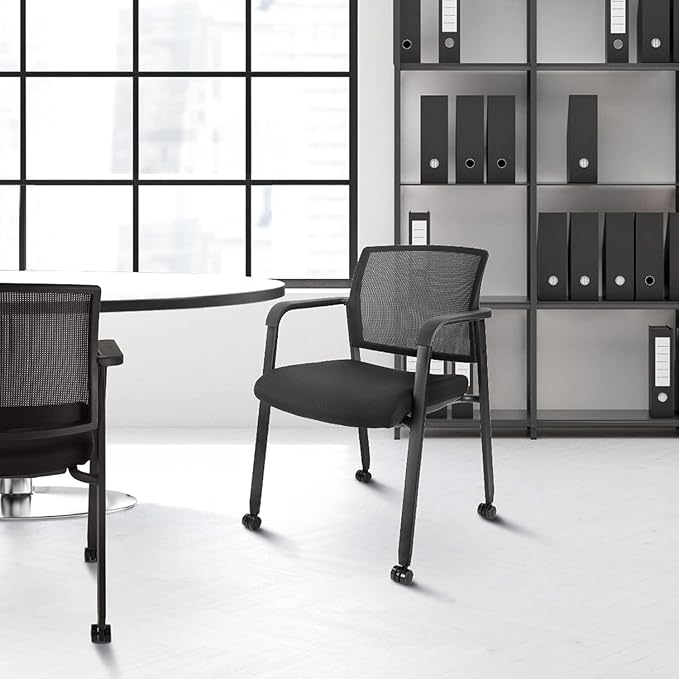 CLATINA Rolling Conference Chairs, 2 Pack Stackable Chairs with Wheels and Paddle, Ergonomic Mesh Back and Arms for Meeting, Conference, Training Room & Home Office (Black)