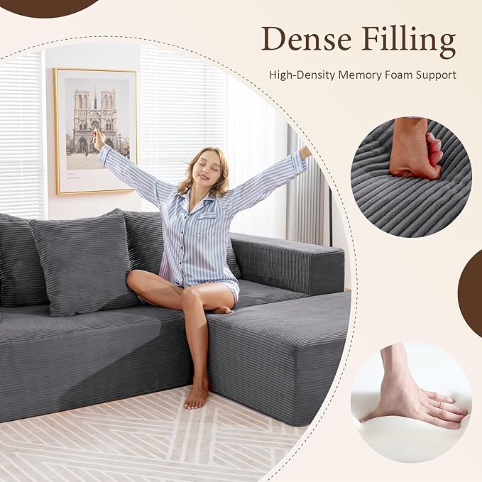 INGEROOM 108" Modular Cloud Sectional Couch with Deep Seat, Boneless Sofa with Movable Ottoman, Plush Corduroy Memory Foam Couch for Living Room, No Assembly, Dark Gray