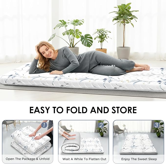 Japanese Floor Mattress, 3.5" Thicken Ink Wash Floral Pattern Portable Futon Mattress, 100% High-Density Foam Tatami Mat Sleeping Pad for Camping Guest Room Dormitory RV, White, Twin