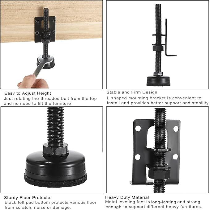 OwnMy 4 Packs Adjustable Furniture Leveling Feets L Shaped Furniture Levelers Legs, Heavy Duty Furniture Mounting Brackets Metal Furniture Leveling Feet for Workbench Cabinet Wardrobe, 4.7" H, Black