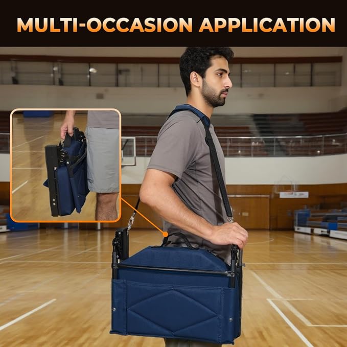 behairity Adjustable Stadium Seats with Back Support – 4-Position Reclining Bleacher Chairs with Padded Cushion, Foldable Portable Stadium Chair with Front Pocket and Shoulder Strap (Navy Blue)