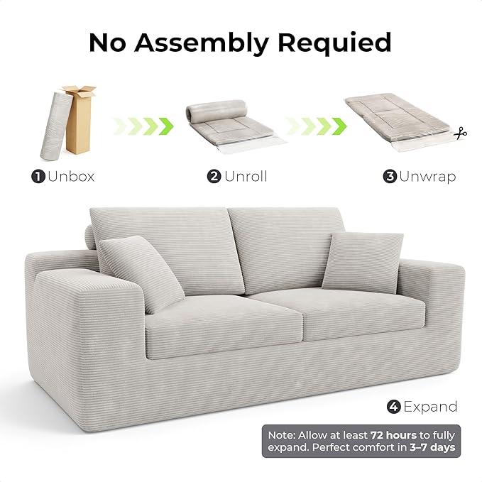 LIKIMIO 78" Loveseat Sofa in a Box, Cloud Boneless Couch for Living Room with Comfy Deep Seat, No Assembly Required, Modern Upholstered Corduroy Sofa, Apartment, Home Office, Greige