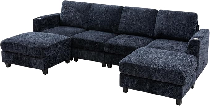 Lesofair 110" Chenille Sectional Sofa with Movable Ottomans, Modular U-Shape Couch with Cup Holders, Convertible 4 Seater Sofa with Well-Filled Backrest Cushions for Living Room, House, Blue