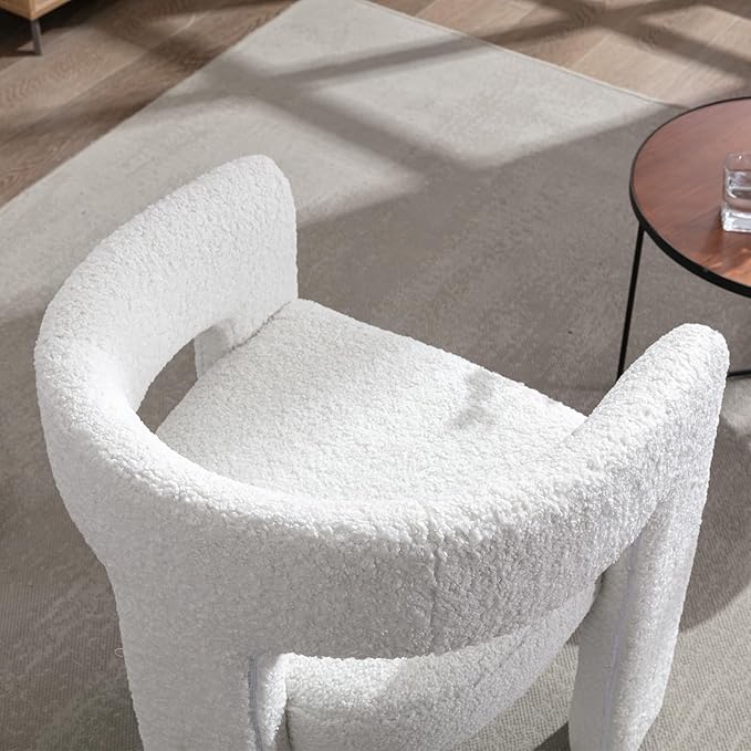 DAYALANE Modern Boucle Dining Chair, Sherpa Upholstered Accent Kitchen Chair with Arms Comfy Barrel Side Chair for Living Room/Home Office/Reception, White Fur