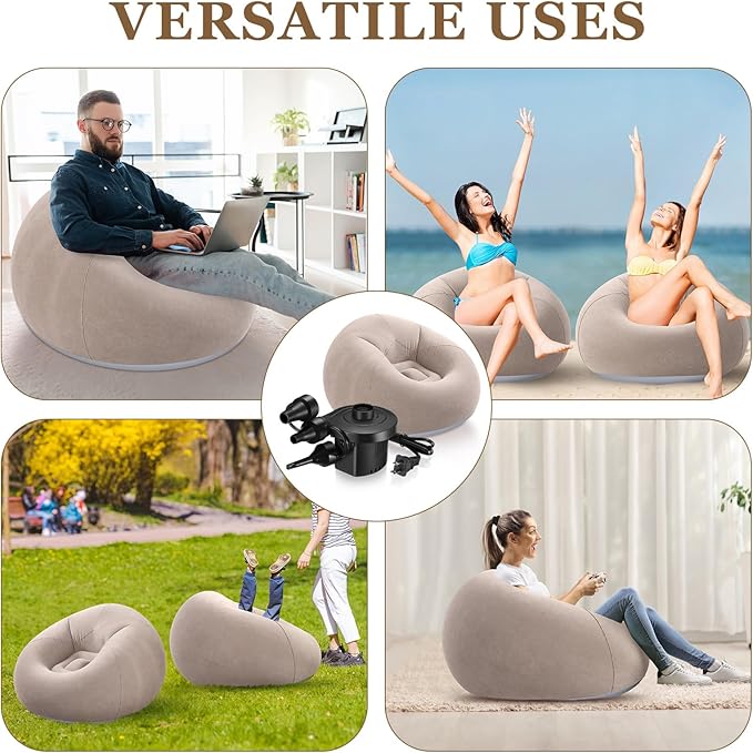 Realspring 2 Pcs Inflatable Bean Bag Chairs with Electric Air Pump Outdoor Blow up Chair Inflatable Lazy Sofa Folding Portable Loungers Couch for Living Room Bedroom(Brown)