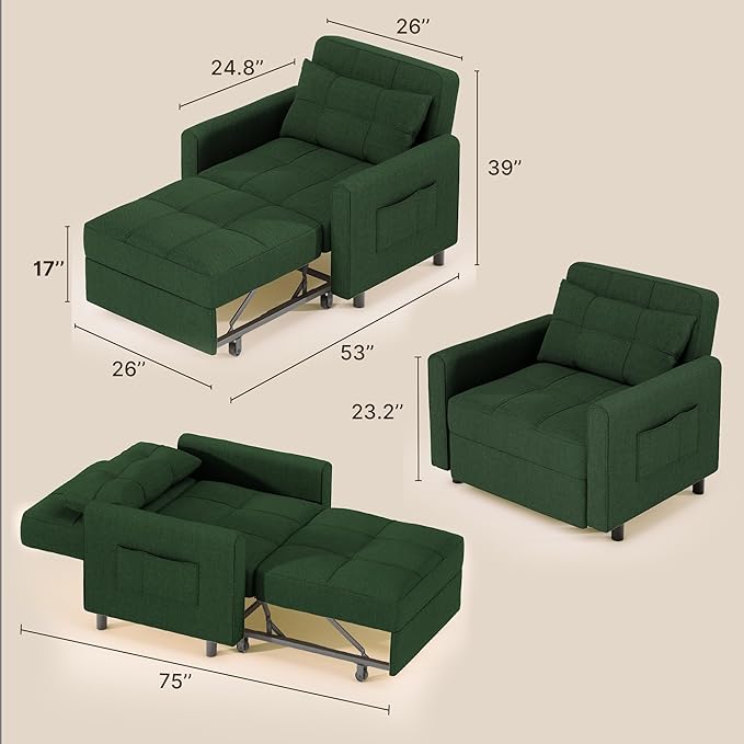 Gizoon Sofa Bed Chair 3 in 1 Convertible, Pullout Single Sleeper Chair Bed with Adjustable Backrest, Spacious Multifunctional Sofa Couches for Living Room, Bedroom, Apartment