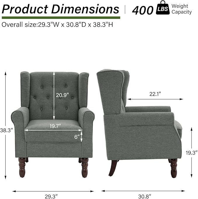DREAMSIDEA Accent Chair, Upholstered Armchair with Button Tufted High Back & Solid Wood Legs, Comfy Wingback Reading Single Sofa Chair for Small Spaces, Living Room, Bedroom (Grey, Set of 2)