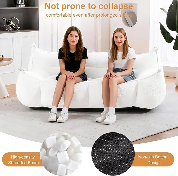 Giant Bean Bag Chair for Adults, Beige Loveseat Beanbag with Filling Plush Fluffy and Back Support, 2 Seater Lounge Lazy Floor Sofa, Memory Foam Couch for Living Room, Bedroom & Dorm