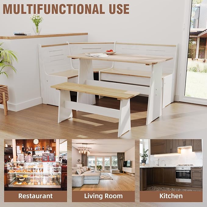 Breakfast Nook Table Set for Kitchen - White Bench Seating for Dining Room with Space Saving Solid Wood L Shaped Corner Dining Table Set Apartment for 4 to 6 People