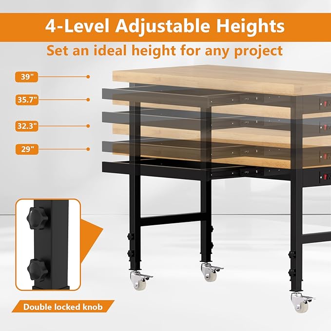 48" Heavy-Duty Solid Wood Work Bench with Drawers, Adjustable Height Workbench with Wheels, 2000 LBS Capacity Work Table with Power Outlets for Garage, Workshop(48" X 24")