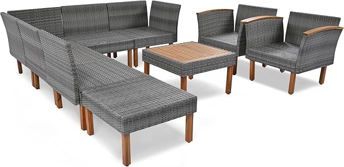 Merax Outdoor Patio Furniture Sets, Free Combination Rattan Sofa with Wood Tabletop, 9-Piece, Beige