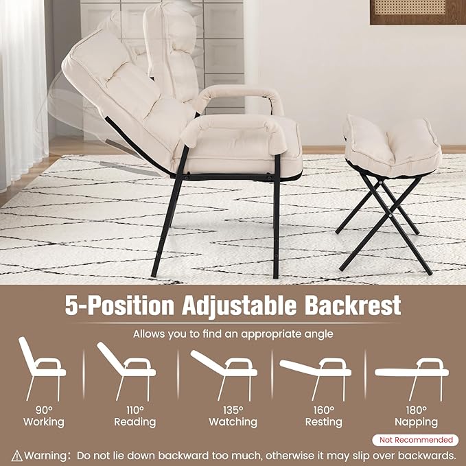 Giantex Modern Accent Chair with Ottoman, Upholstered Arm Chair with Adjustable Backrest & Solid Metal Frame, Linen Fabric Single Sofa Chair and Footrest Set for Bedroom, Living Room (Beige)