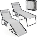 Tangkula Beach Lounge Chair for Outside, Folding Chaise Lounge Outdoor with 4-Position Backrest, Removable Headrest and Side Pocket, Portable Sunbathing Tanning Chair for Patio, Poolside (2, Grey)