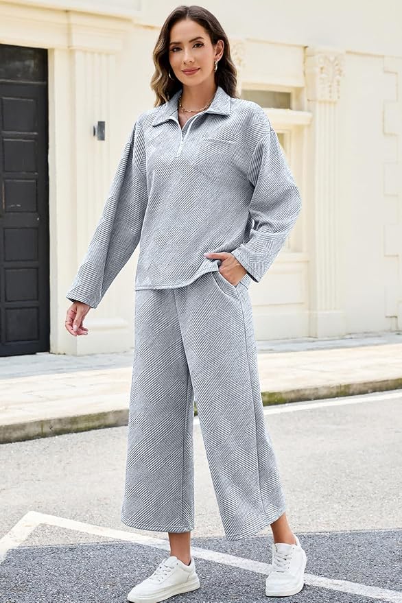 AGSEEM Lounge Sets for Women, Women's 2 Piece Outfits Long Sleeve 1/4 Zip Pullover Cropped Pants 2PC Outfit Comfy Sweatsuits