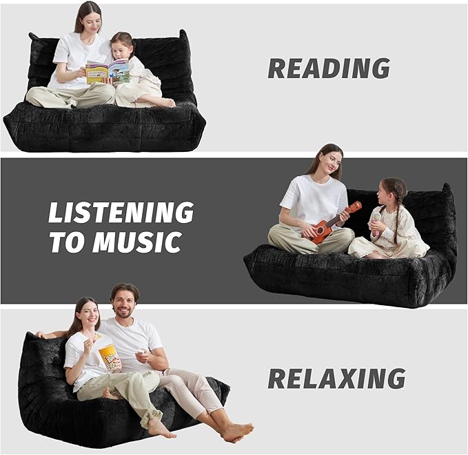 Homguava Bean Bag Chair, Giant Beanbag Chairs for Adults, Memory Foam Fireside Chair, Large Lazy Floor Sofa, Sofa Couch with High-Rebound Foam, Lounge Chair for Living Room, Bedroom (Black, Loveseat)
