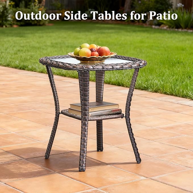 Pugire Luxury Outdoor Swivel Rocker Patio Chairs Set of 3, High Back Swivel Patio Chairs with Side Table & 6-Inch Thick Cushions, Wicker Outdoor Bistro Set for Porch, Yard, Deck, Poolside, Brown/Grey