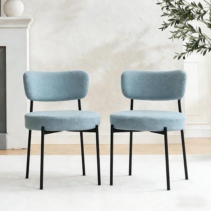 Stabrech Blue Boucle Dining Chairs Set of 2, Upholstered Dinner Chair with Metal Frame, Dining Room Chairs with Padded Seat, Round Modern Seating for Living Room