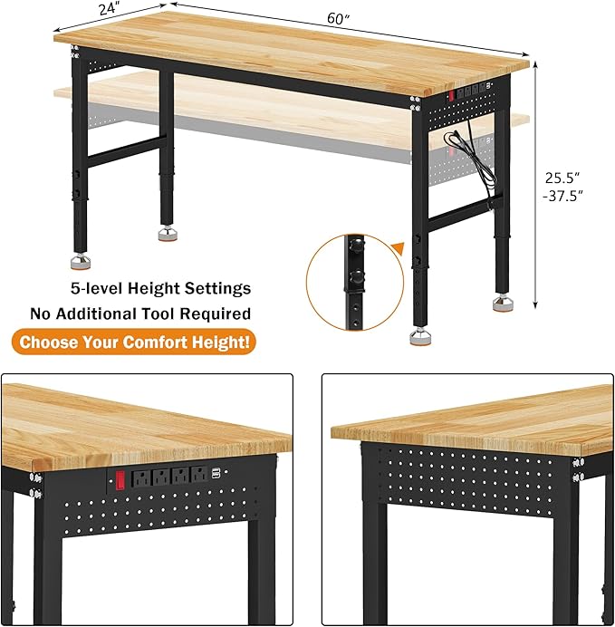 Betterhood Adjustable Height Workbench, 60" Rubber Wood Top Heavy Duty Workstation with Power Outlets, 2000 LBS Load Capacity Hardwood Worktable for Workshop, Garage, Office, Home, Commercial