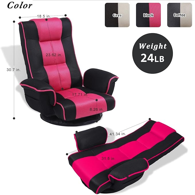 FLOGUOR 360 Swivel Gaming Floor Chair with Armrest Multi-Angle Folding Floor Chair Padded Backrest Lazy Sofa Lounge Chair for Living Room, Home Office QL201W-US-BK