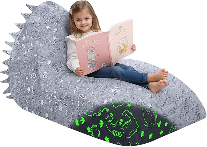 COMAX Dinosaur Bean Bag Chairs for Kids 8-12, Large Kid Beanbag Chair with Filler, Big Toddler Lounge Bean Chair, Children Lazy Floor Lounger for Girls Boys, Glowing Dino