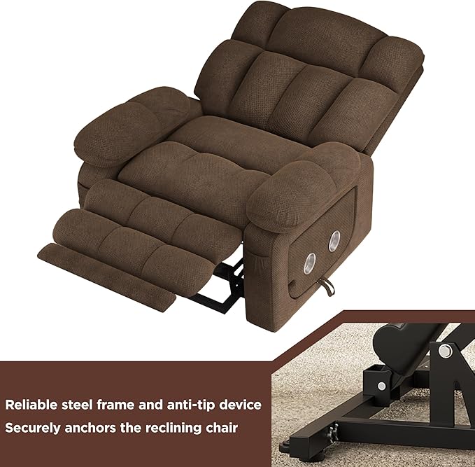 Dual Motor Power Lift Recliner Chair for Elderly with Adjustable Headrest,Extra Wide Recliner Chair with Massage,Lay Flat Recliner with Extended Footrest,Cup holder,Storebox,USB&Type-C Ports,Brown