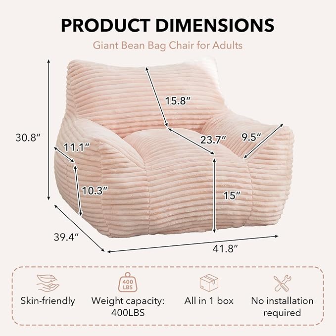 Giant Bean Bag Chair for Adults, Corduroy Upholstered Beanbag Chair with Side Pocket, Comfy Bean Bag Sofa with Portable Handle, Floor Sofa Chair for Bedroom (Pink)