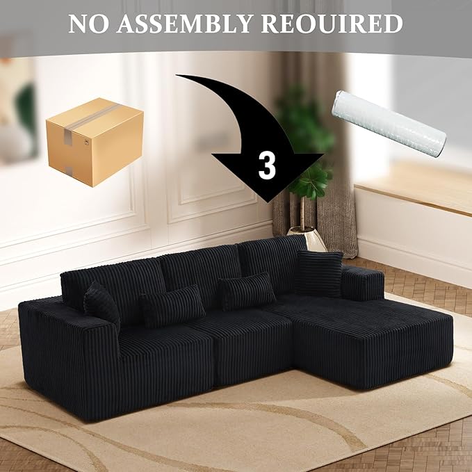 HYJT-H&K Modular Sectional Sofa Cloud Sectional Couch, 107" Comfy Fluffy L Shaped Dark Black Couches for Living Room, Deep Seat Memory Foam Plush Corduroy Boneless Couch Sectionals Right Facing Chaise