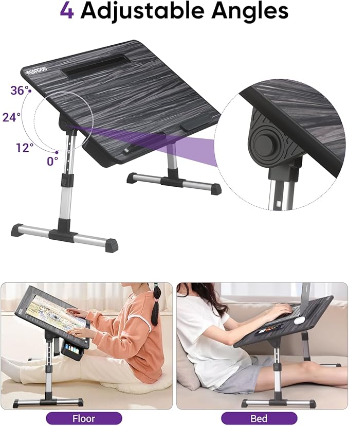 NEARPOW Laptop Bed Tray Table, Height & Angle Adjustable Portable Bed Table,Portable Computer Tray Laptop Stand for Bed W/Tablet Stand & Drawer, Foldable Lap Tablet Table for Sofa Couch Floor Writing