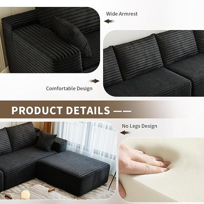 139.4" Modular Sectional Sofa, U-Shaped Minimalist Couches with 2 Ottomans Chaise, Modern Deep Seat Convertible Sleeper Sofa Bed,Cloud Plush Corduroy Fabric, No Assembly Required, 6 Seater, Black