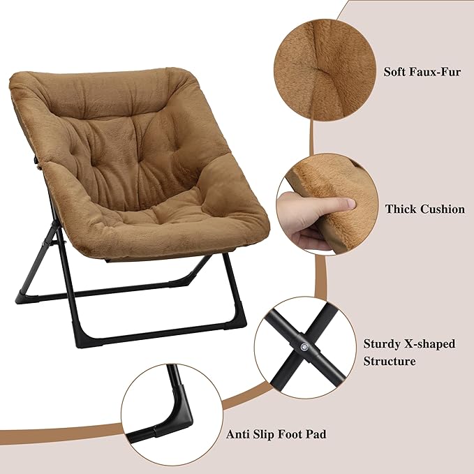 Comfy Saucer Chair for Adults, Soft Faux Fur Bedroom Chair with Ottoman, Accent Dorm Chairs, Living Room Reading Chairs and Footstool, Folding Lounge Seat for Teens, X-Large, Brown