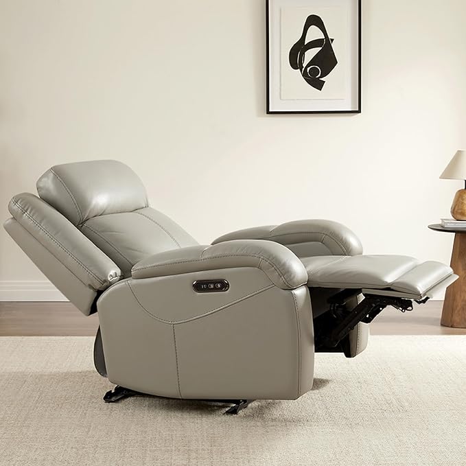 Watson & Whitely Oversized Genuine Leather Power Recliner Chairs for Big and Tall, Wall Hugger Recliner with Power Headrest & Charging Ports, Extra Large Reclining Chair for Living Room, Grey