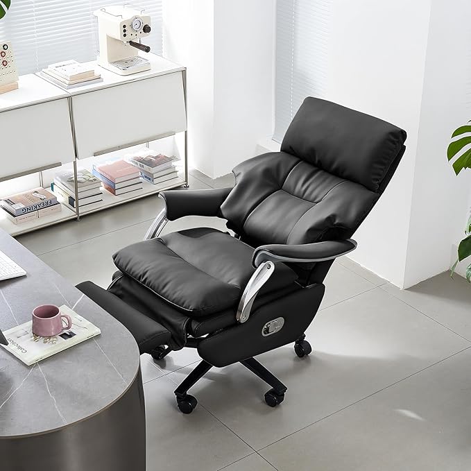 EMIAH Ergonomic Office Chair with Foot Rest Electric Executive Office Chair Reclining with Massage Big and Tall High Back Computer Chair with Wheels, Sustainable Leather(Black)