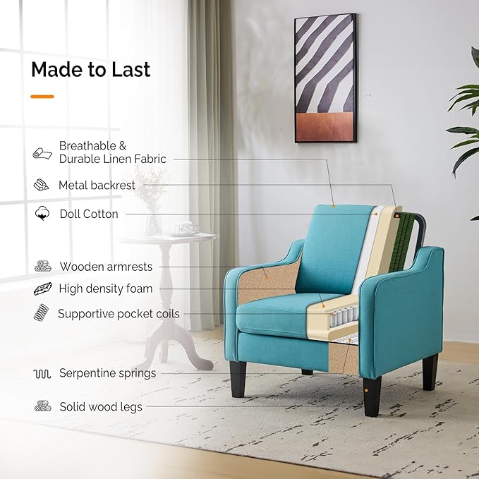 VINGLI Accent Chairs Set of 2 Living Room Chairs Teal Blue Reading Chair for Bedroom Scooped Arm Chair Mid Century Modern Accent Chairs Upholstered Comfy Chair for Apartment, Waiting Room