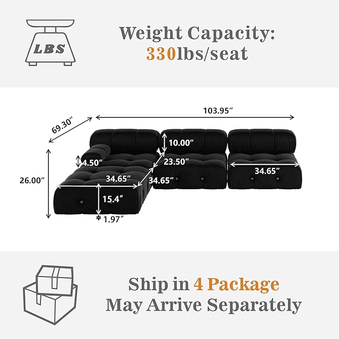 JACH 104'' Modern Sectional Sofa, L-Shaped Minimalist Velvet Floor Sofas Couches, Couch Sectional with Reversible Chaise Ottoman for Living Room Office Apartment (3 Seats,1 Ottoman, Black)