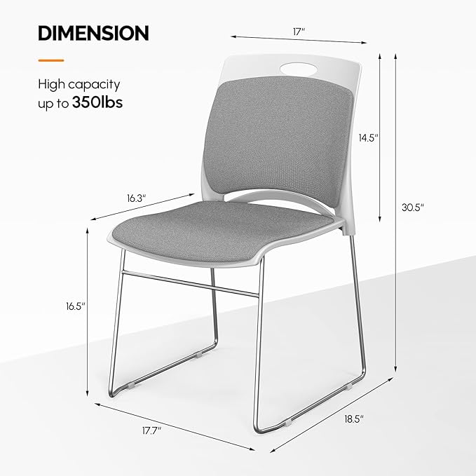 VINGLI Stackable Chairs Set of 20, Stacking Office Chairs with Metal Sled Base, Ergonomic Plastic Padded Seat & Back, Capacity 350lbs, Stacking Chairs for Waiting Room Break Room Banquet Guest, Gray