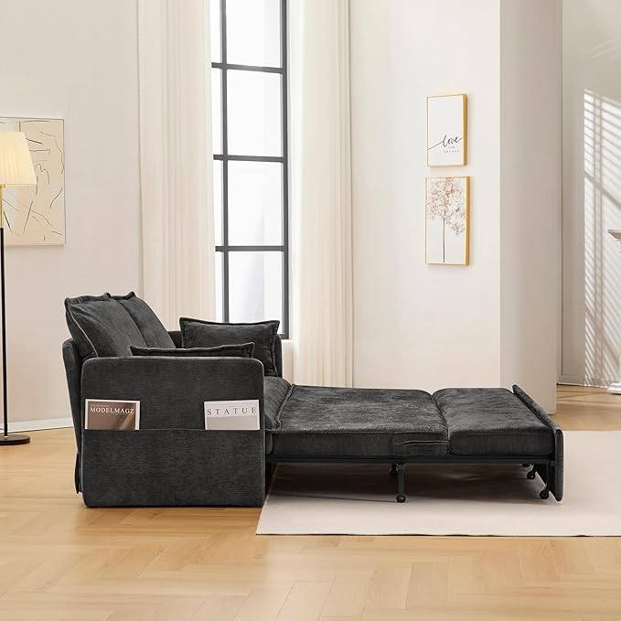 GRAINLLE Pull Out Couch,Loveseat Convertible Sleeper Sofa Bed with USB,Pull Out Sofa Bed Side Storage,2 Pillows,Corduroy Sleeper Couch for Living Room,Bedroom,Apartment,Pet-Friendly(Black, 59.5'')